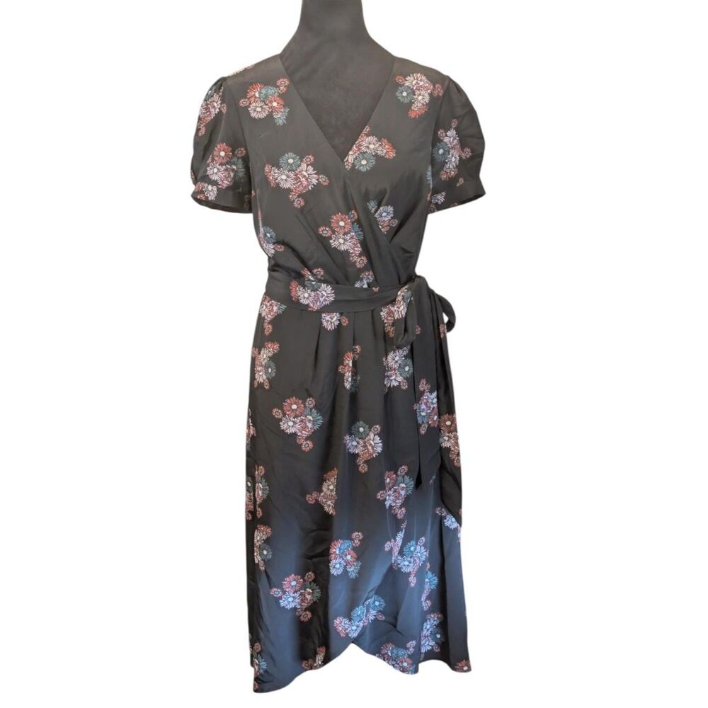 ModCloth Whimsigoth Satin Floral Faux Wrap Belted Tulip Midi Dress, Size Medium